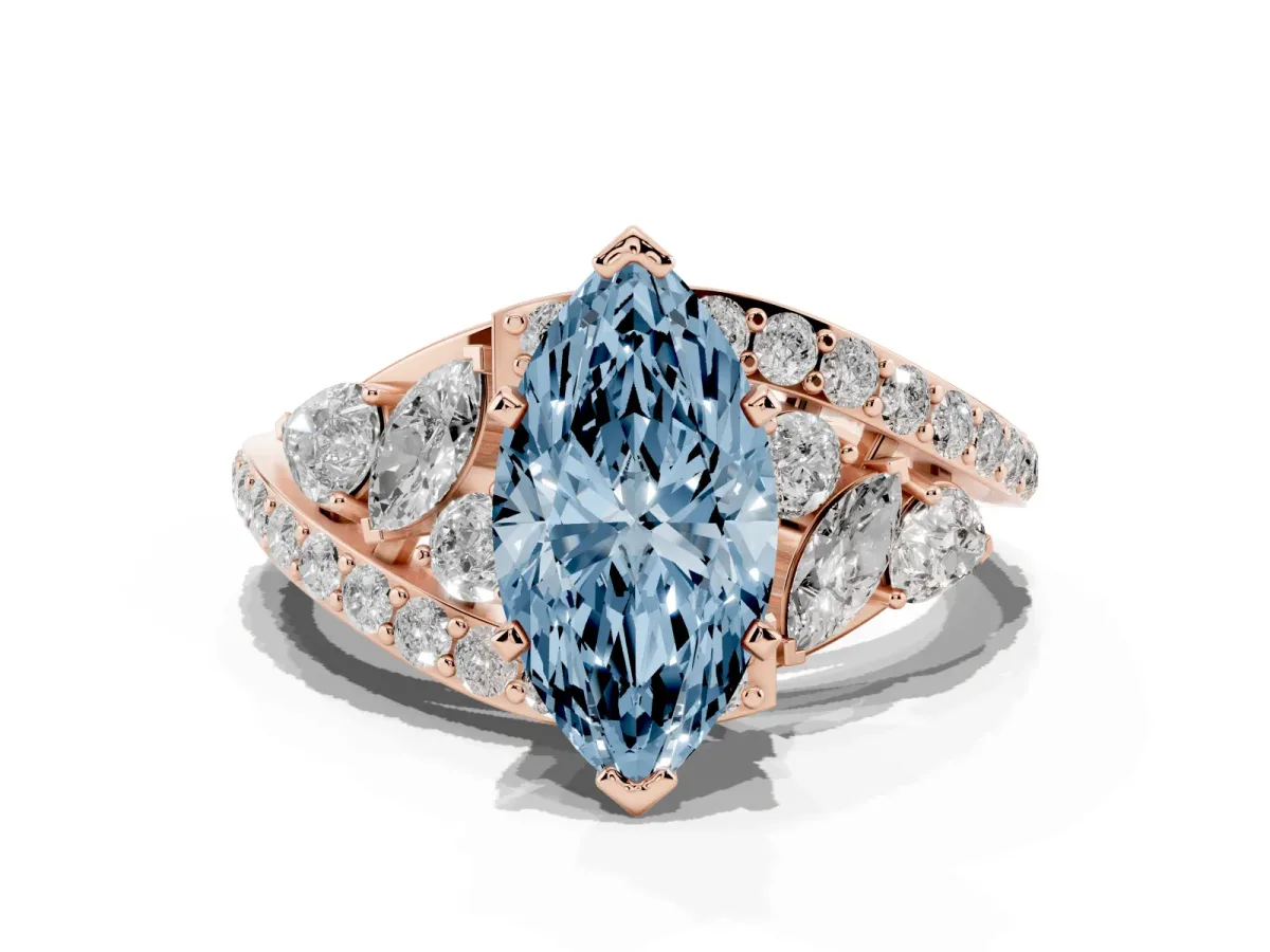 Fancy Blue Marquise Cut Diamond Halo Ring with Marquise and Pavé Band in Prong Setting Rose gold
