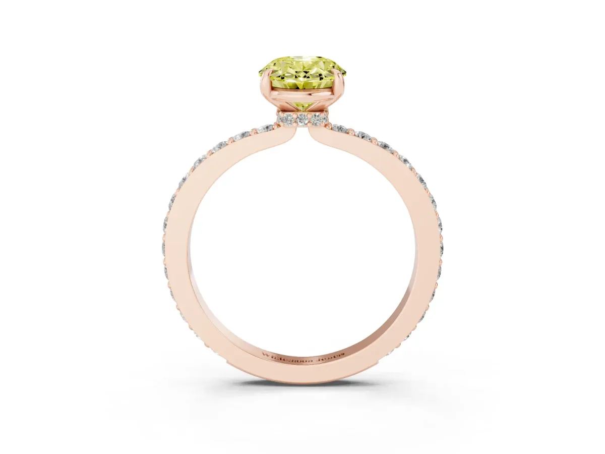 Fancy Yellow Oval Cut Diamond Pavé Engagement Ring with Round Accents and Prong Setting Rose gold