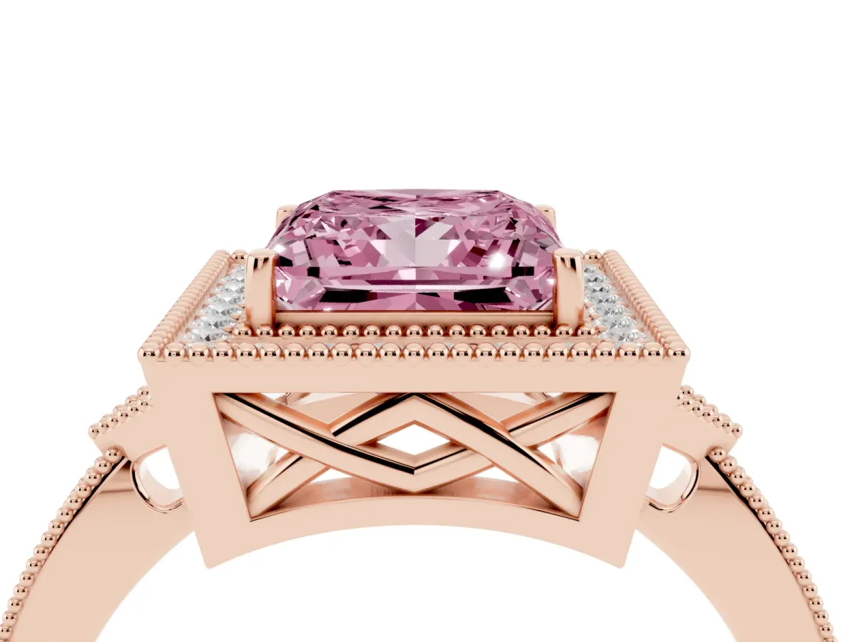 Fancy Pink Princess Cut Halo Round Diamond Milgrain Pave Engagement Ring Rose gold