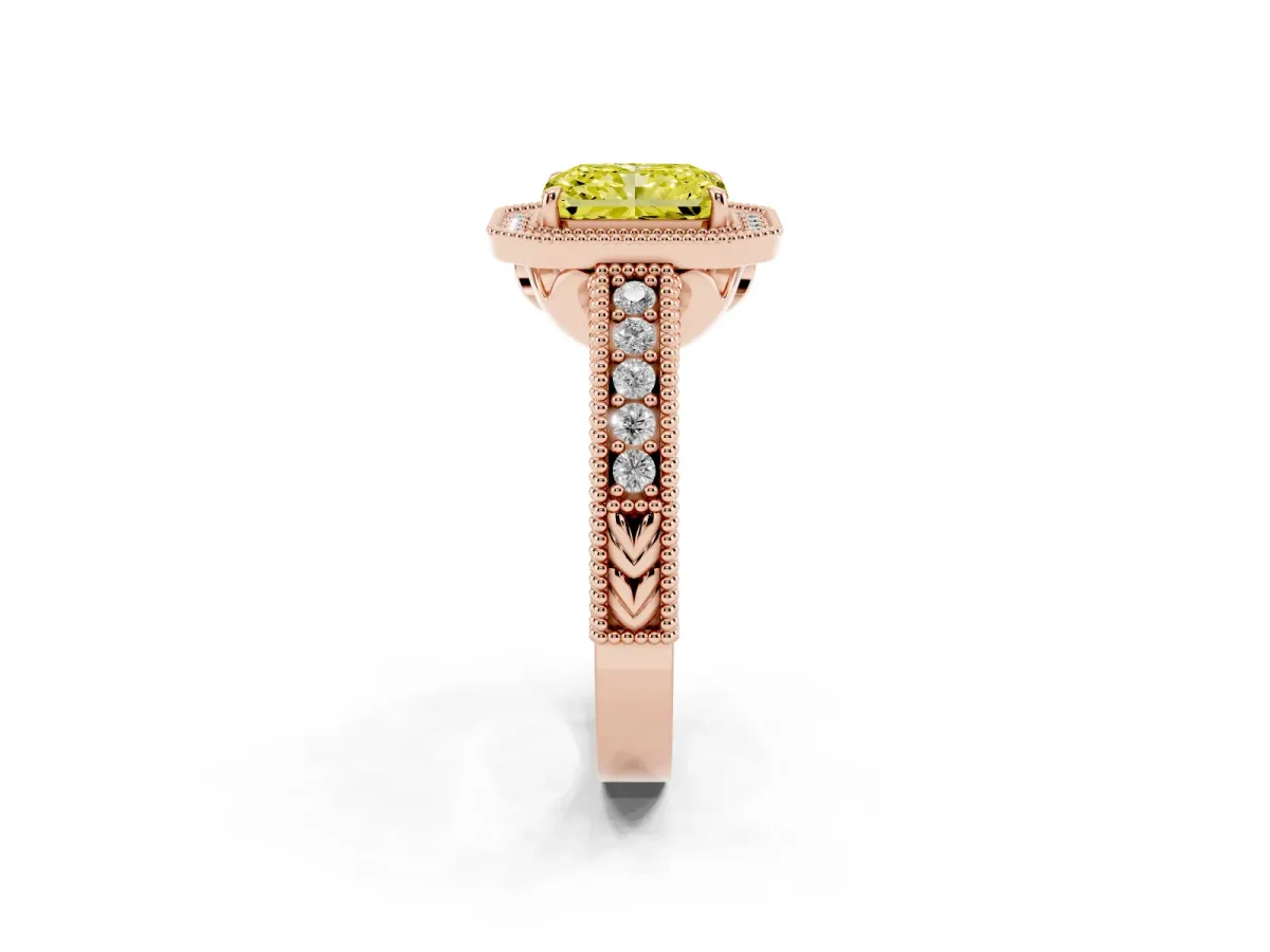 Fancy Yellow Radiant Cut Cut Halo Diamond Ring with Pavé Band and Four-Prong Setting Rose gold