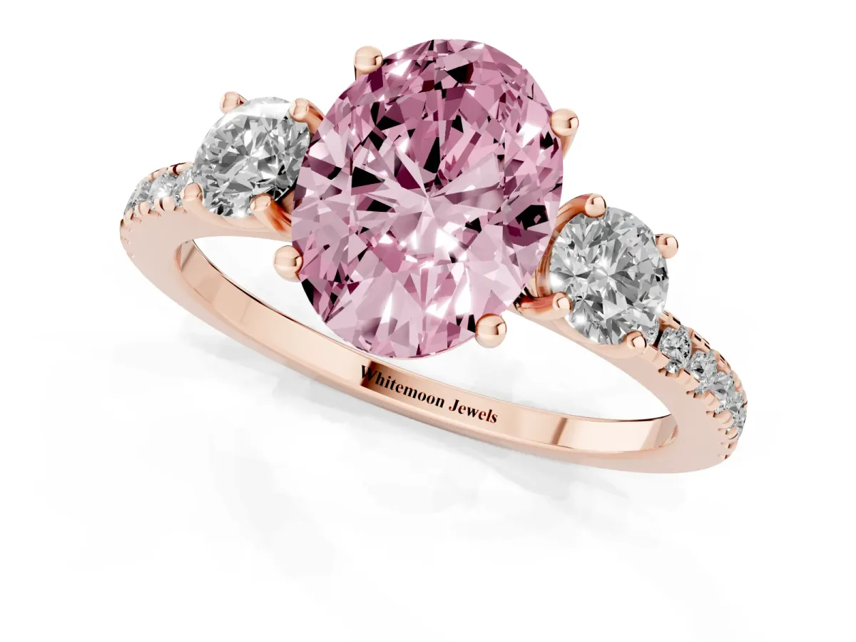 Fancy Pink Three-Stone Oval Cut Cut Diamond Pavé Band with Prong Setting Rose gold