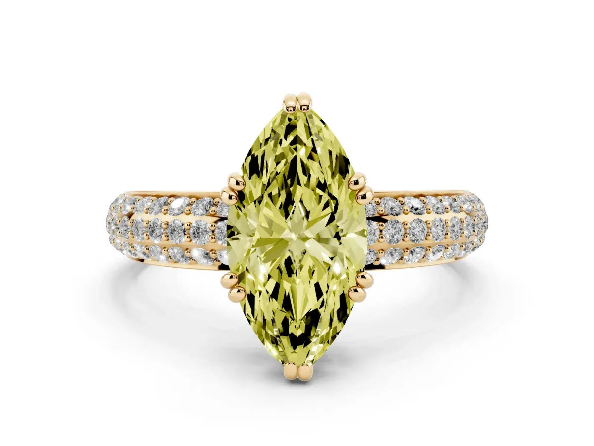 Fancy Yellow Marquise Cut Diamond Solitaire Ring with Multi-Row Round Pavé Band and Prong Setting Yellow gold