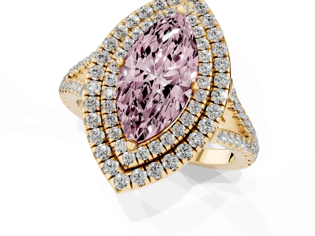 Fancy Pink Marquise Cut Diamond Double Halo Ring with Pavé Band and Prong Setting Yellow gold
