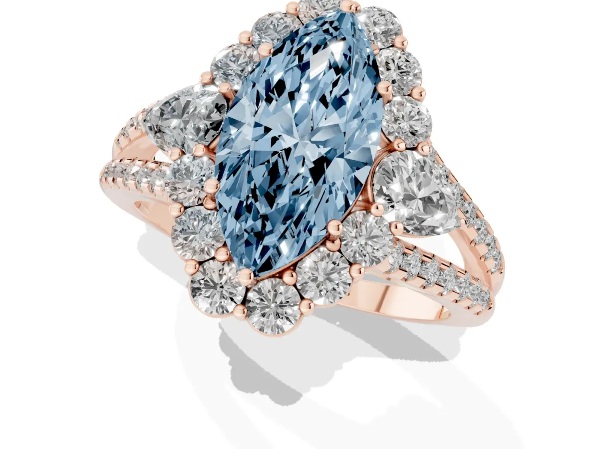 Fancy Blue Marquise Cut Halo Split Shank Diamond Engagement Ring with Prong Setting Rose gold