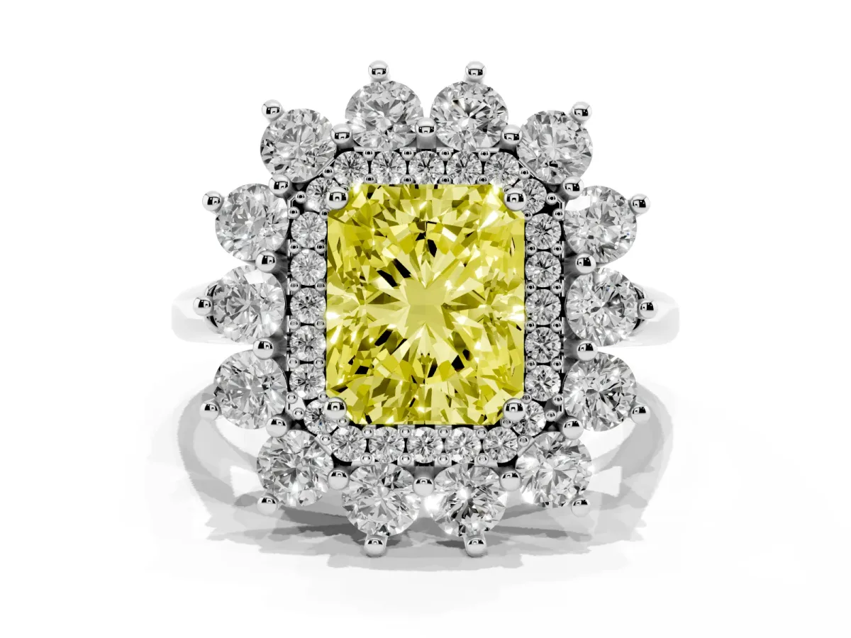 Fancy Yellow Radiant Cut Diamond Floral Double Halo Engagement Ring with Prong Setting Platinum