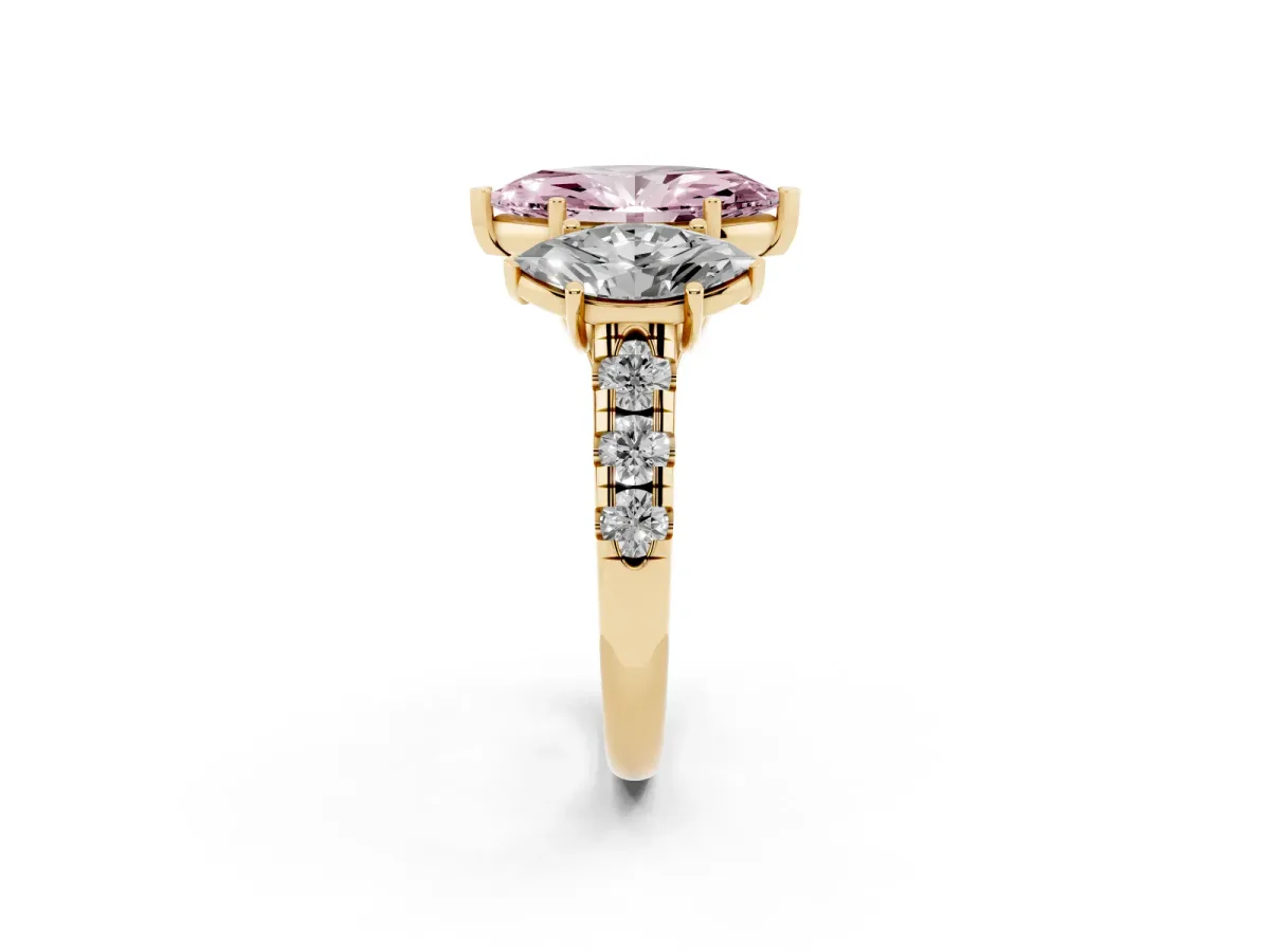 Fancy Pink Three-Stone Marquise Cut Diamond Pavé Band with Prong Setting Yellow gold