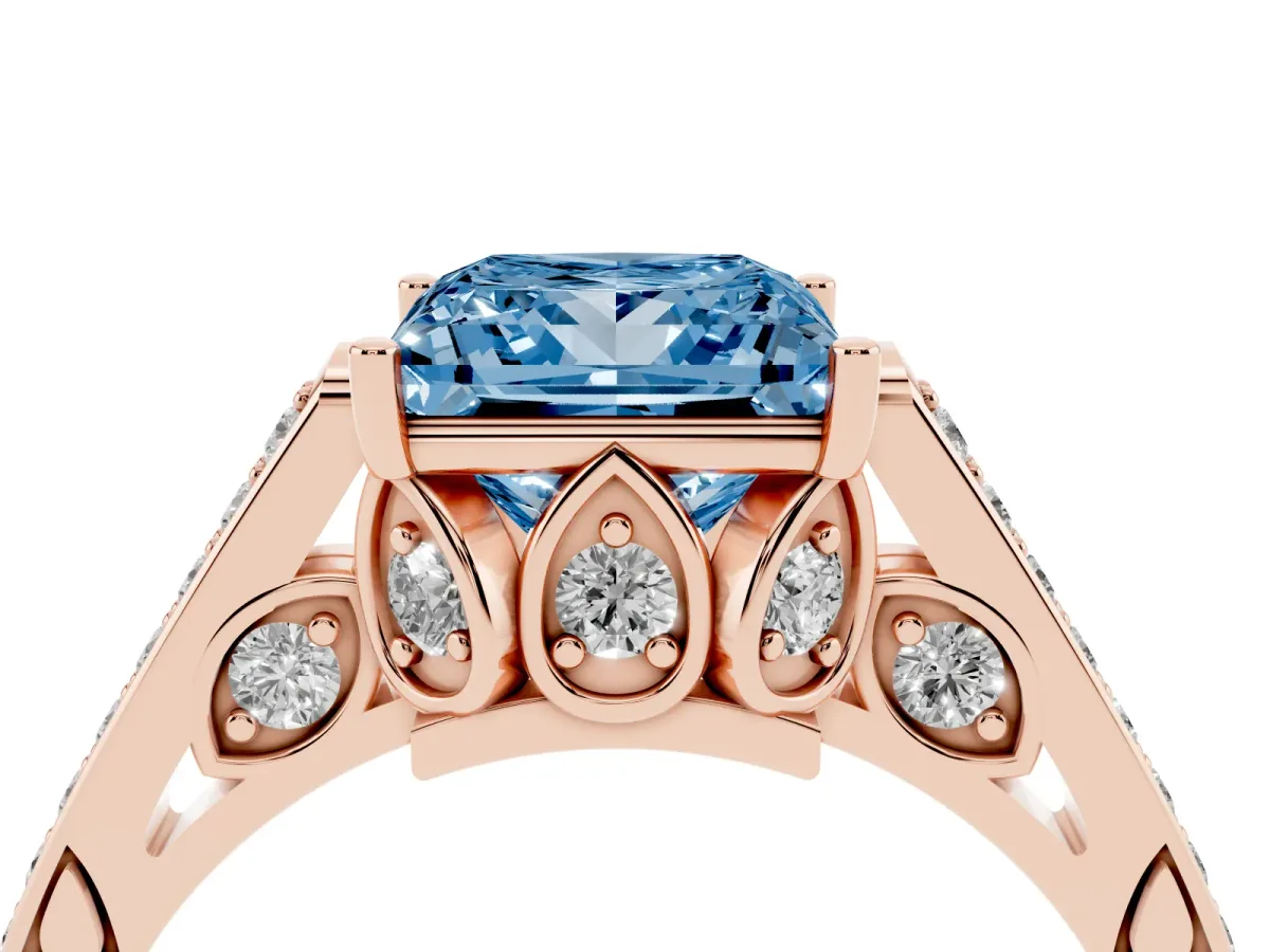 Fancy Blue Princess Cut Cut Cathedral Pave Diamond Engagement Ring with Six-Prong Setting Rose gold
