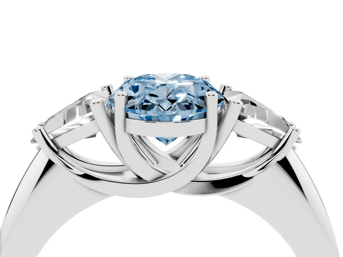 Fancy Blue Three-Stone Oval Cut Diamond Engagement Ring with Trillion Side Stones and Prong Setting Silver
