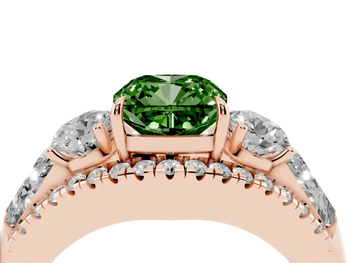 Fancy Green Three-Stone Cushion Cut Diamond Engagement Ring with Pave Band and Prong Setting Rose gold