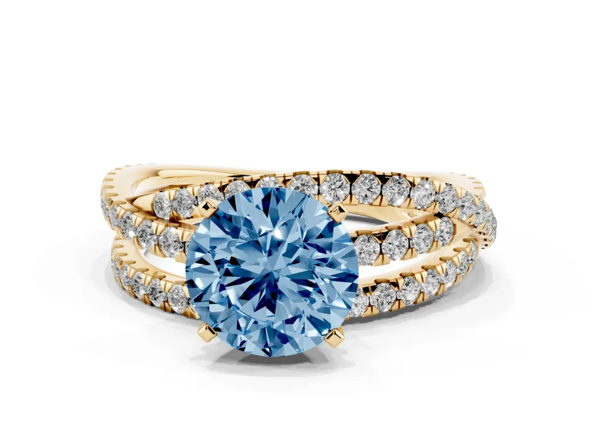 Fancy Blue Round Cut Solitaire Twist Band with Pavé Setting and Four-Prong Setting Yellow gold