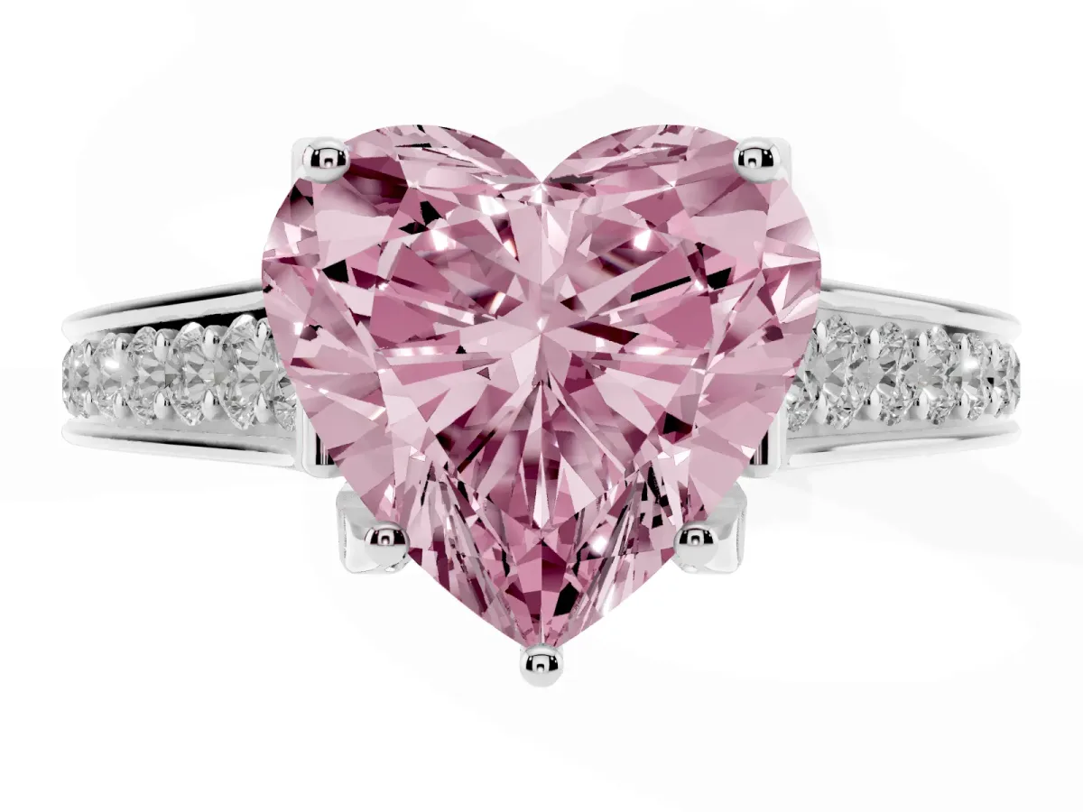 Fancy Pink Heart Cut Brilliant Cut Diamond Engagement Ring with Pavé Band and Four-Prong Setting White gold