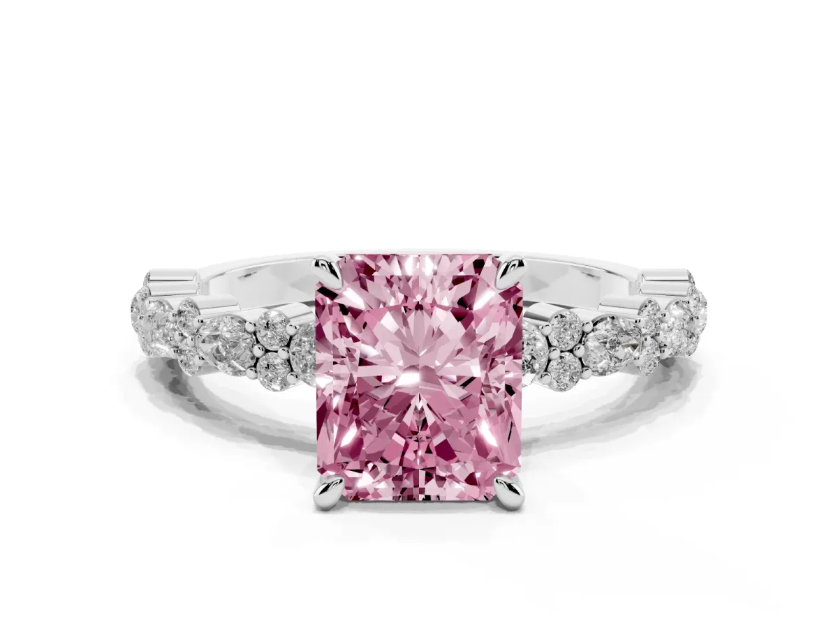 Fancy Pink Radiant Cut Diamond Side Stone Solitaire Ring with Round and Four-Prong Setting Silver