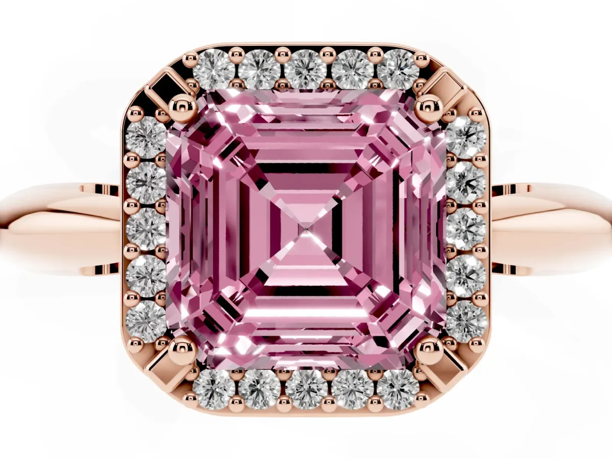 Fancy Pink Asscher Cut Cut Diamond Halo Engagement Ring with Split Shank and Four-Prong Setting Rose gold