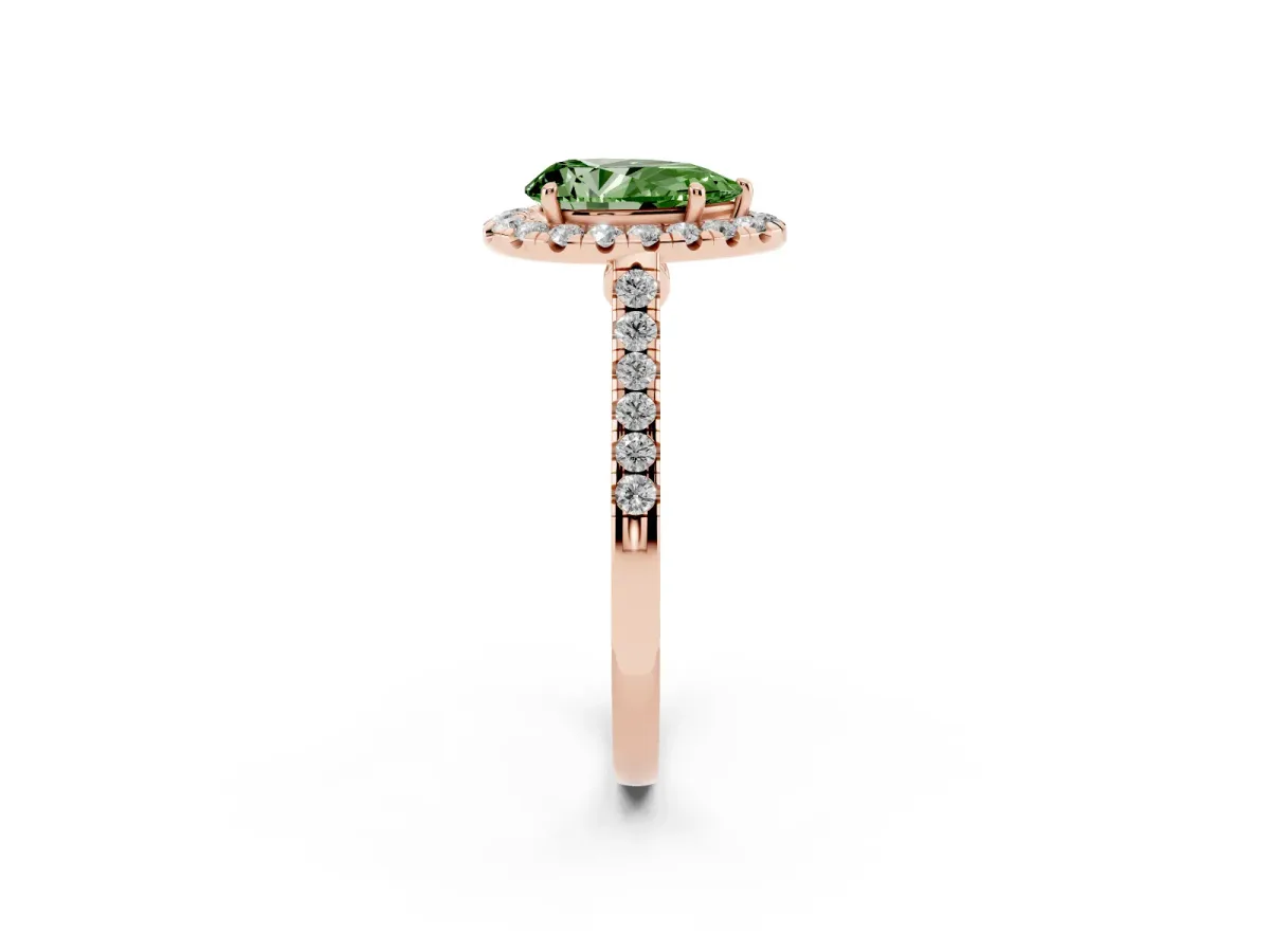 Fancy Green Pear Cut Halo Pave Diamond Engagement Ring with Four-Prong Setting Rose gold