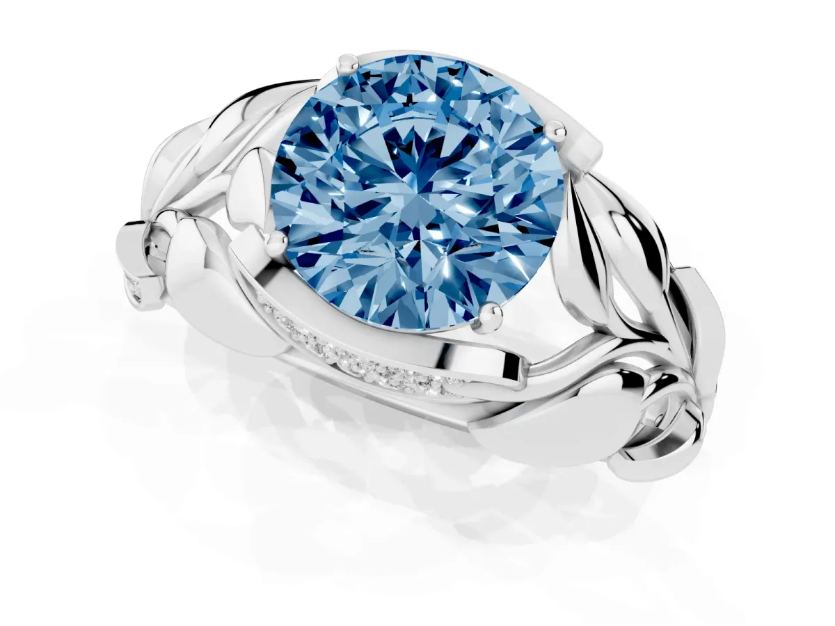 Fancy Blue Round Cut Diamond Leaf-Inspired Engagement Ring with Round Accents and Prong Setting Silver