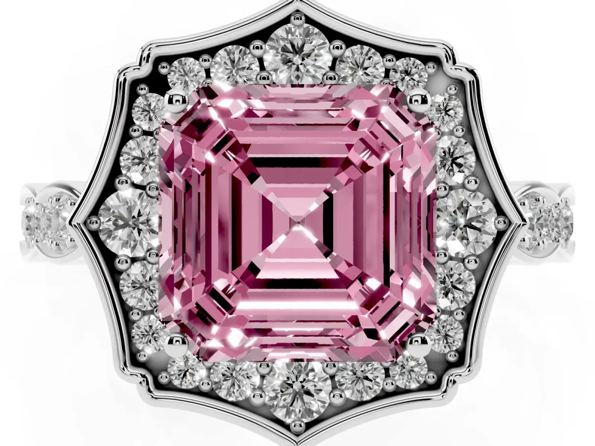 Fancy Pink Asscher Cut Halo Diamond Engagement Ring with Milgrain Band and Four-Prong Setting White gold