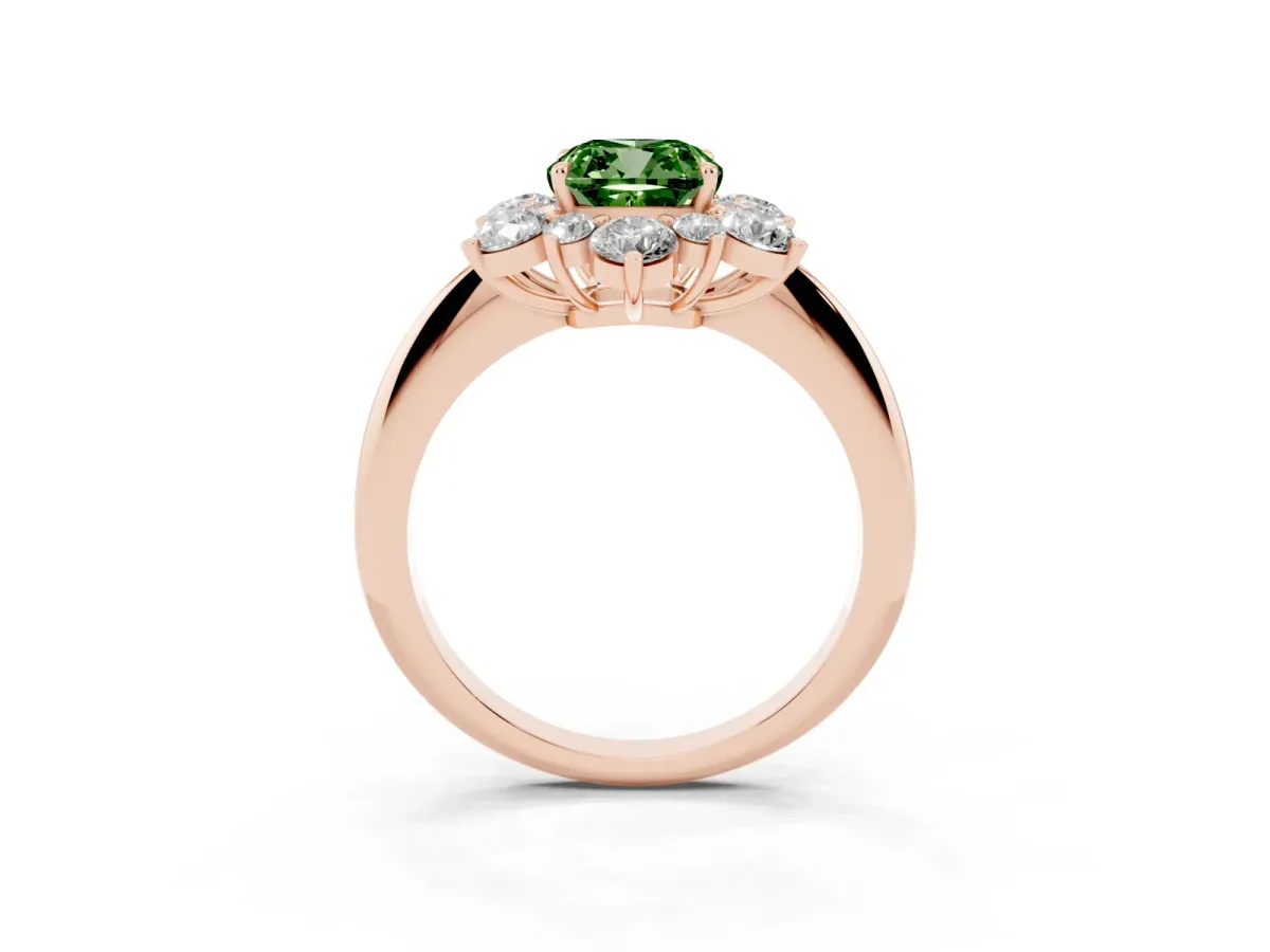 Fancy Green Cushion Cut Diamond Cluster Halo Ring with Solitaire Band and Four-Prong Setting Rose gold