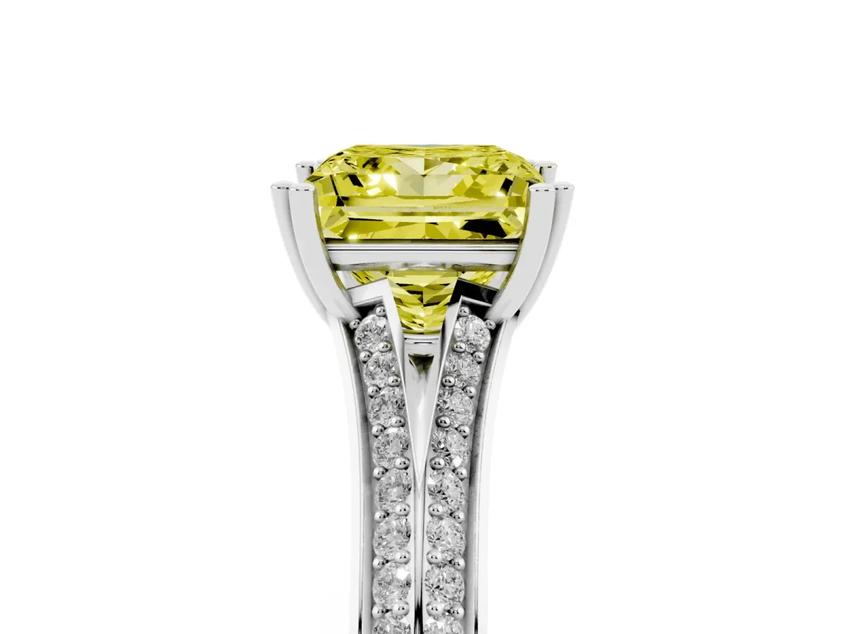 Fancy Yellow Princess Cut Diamond Split Shank Engagement Ring with Pavé Band Silver