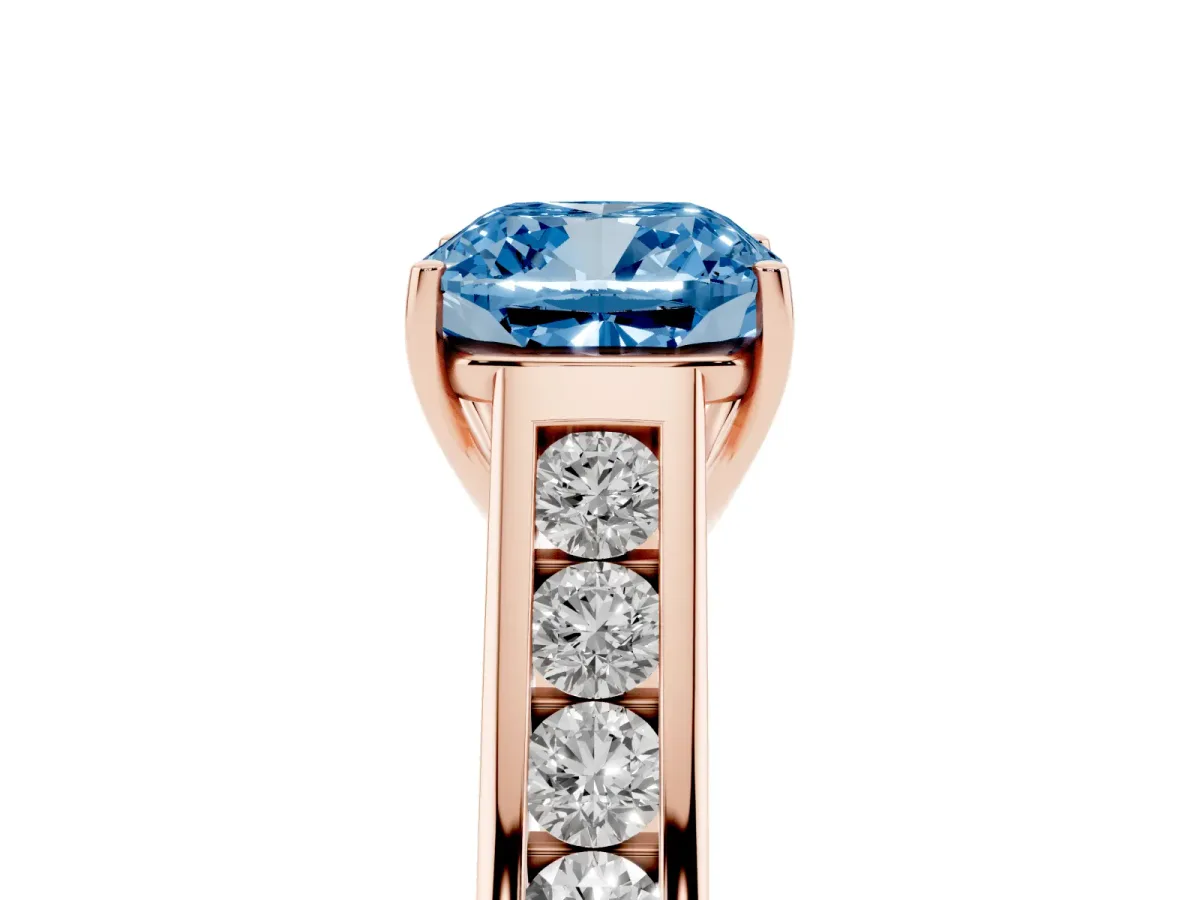 Fancy Blue Cushion Cut Brilliant Channel-Set Solitaire Ring with Four-Prong Setting Rose gold