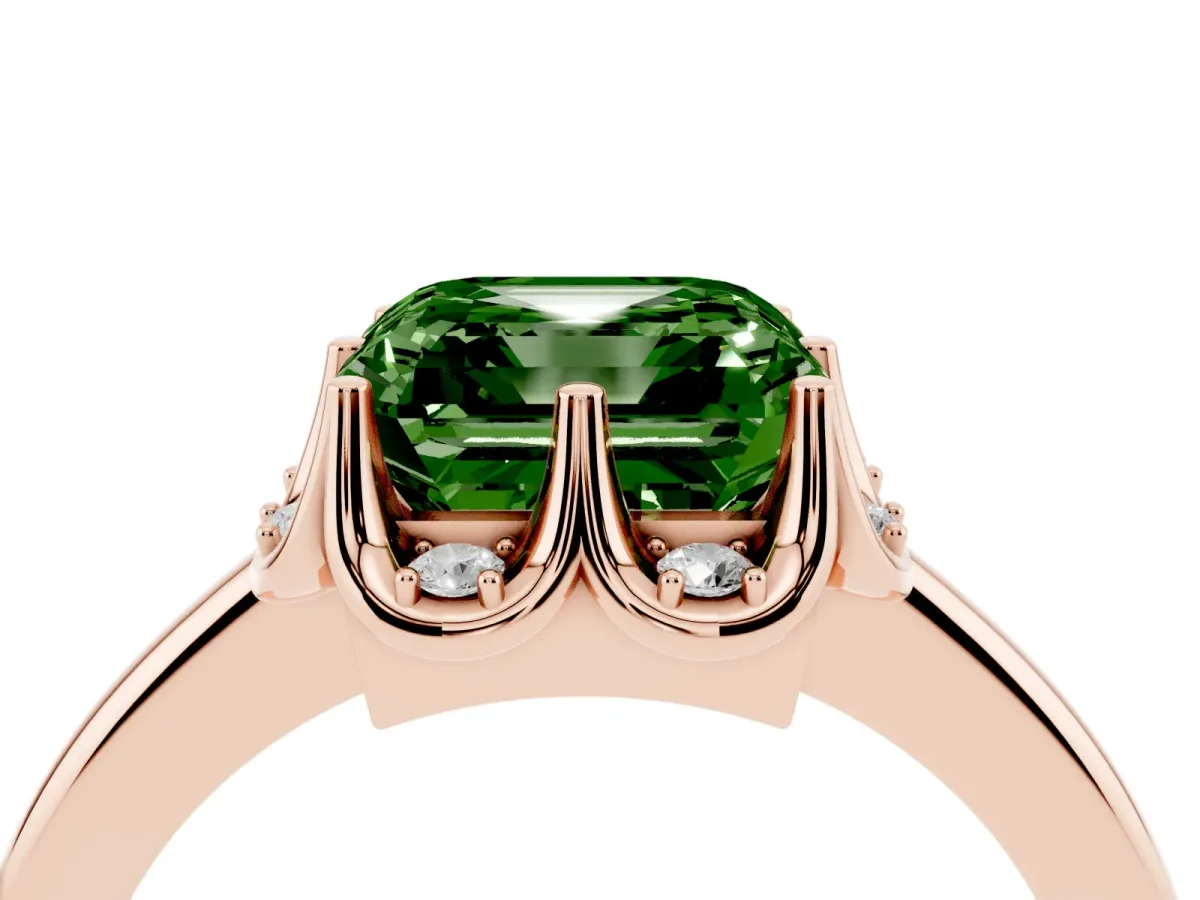 Fancy Green Asscher Cut Halo Diamond Ring with Round Cluster Setting, Solitaire Band, and Four-Prong Setting Rose gold
