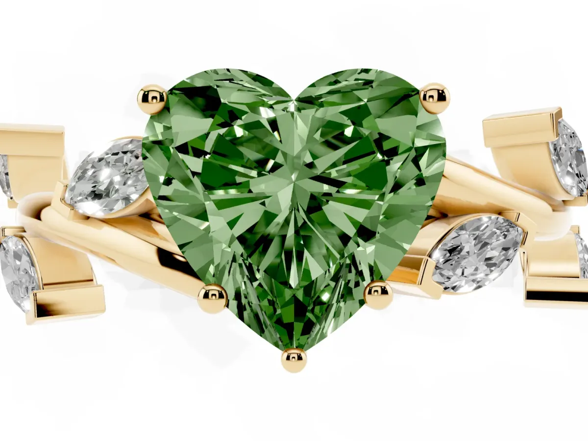 Fancy Green Heart Cut Solitaire Twisted Band Marquise Accent Prong Setting Ring Yellow gold