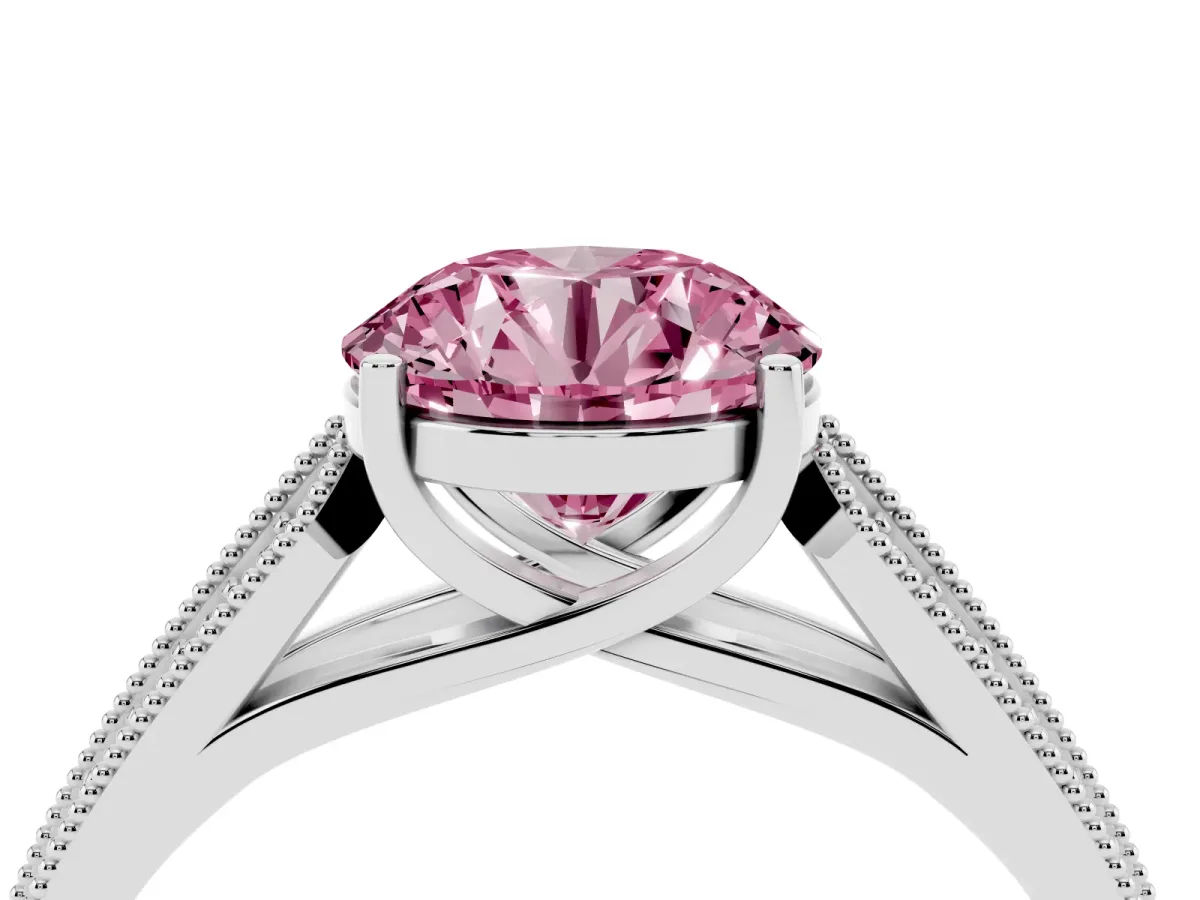 Fancy Pink Round Cut Cut Pave Split Shank Engagement Ring with Four-Prong Setting White gold
