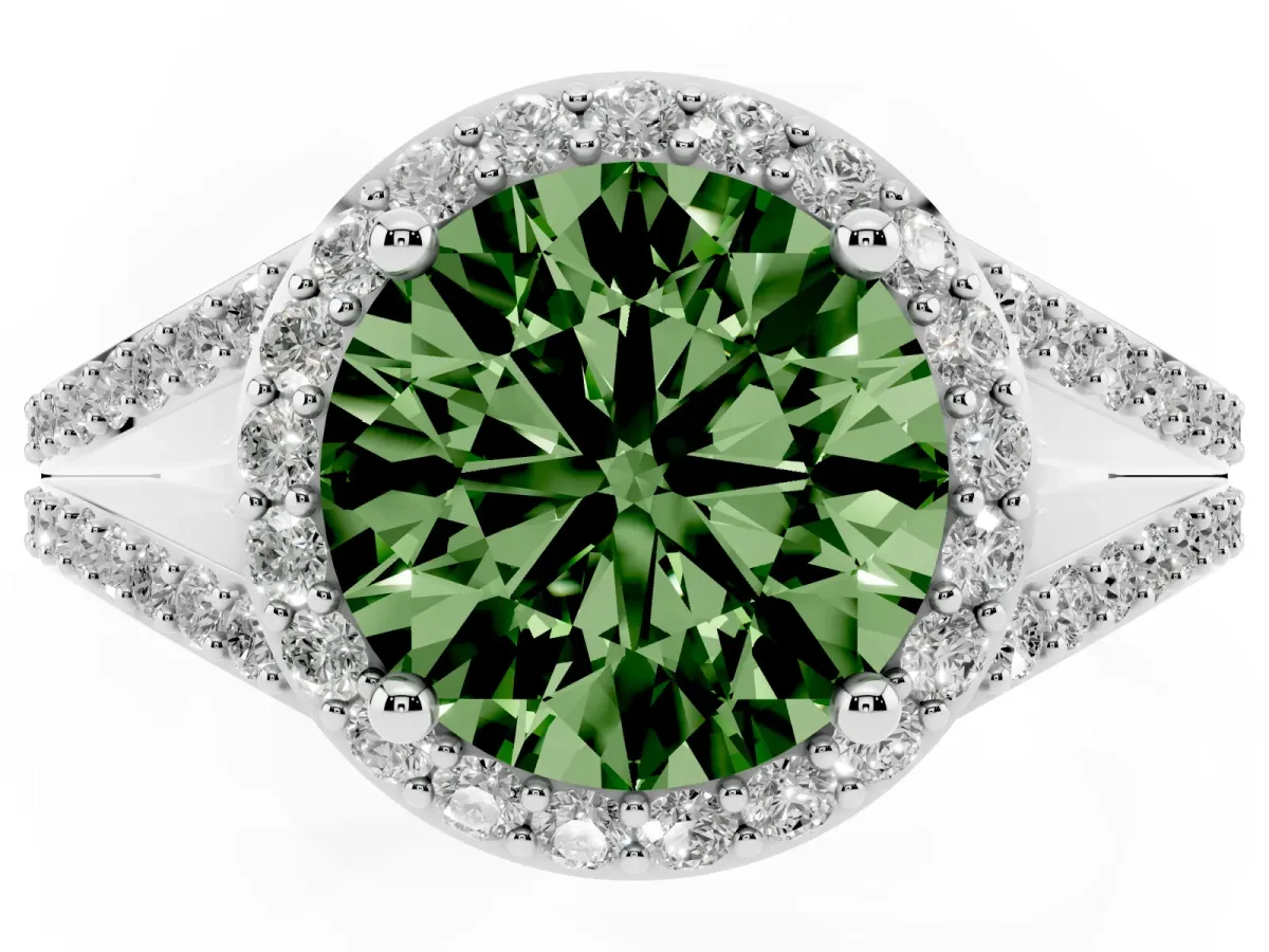 Fancy Green Round Cut Halo Split Shank Pave Diamond Ring with Four-Prong Setting Silver