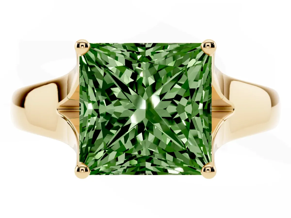 Fancy Green Princess Cut Solitaire Diamond Ring with Cathedral Band and Four-Prong Setting Yellow gold