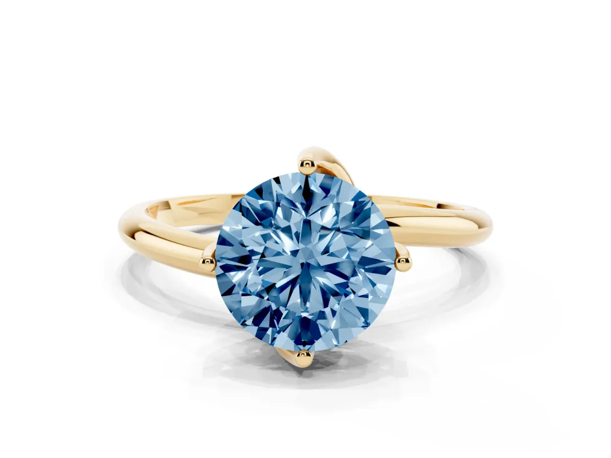 Fancy Blue Round Cut Diamond Solitaire Engagement Ring with Four-Prong Setting and Classic Band Yellow gold