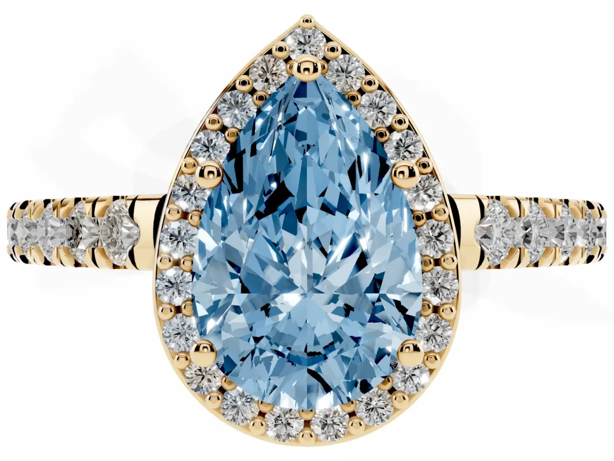 Fancy Blue Pear Cut Cut Halo Diamond Engagement Ring with Pave Band and Four-Prong Setting Yellow gold