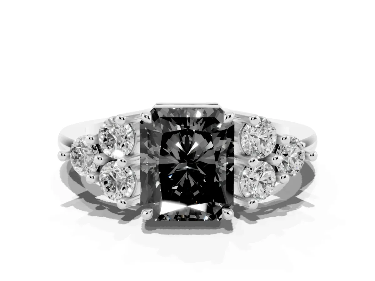 Fancy Black Radiant Cut Brilliant Diamond Cluster Accent Solitaire Ring with Prong Setting Platinum