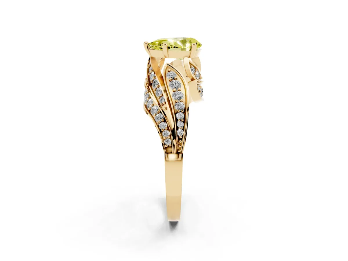Fancy Yellow Pear Cut Diamond Solitaire Ring with Prong Setting and Twisted Pavé Band Yellow gold