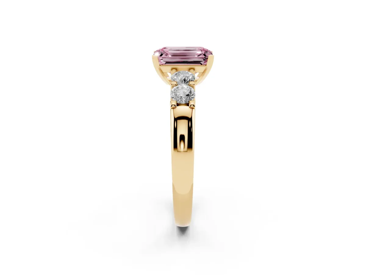 Fancy Pink Emerald Cut Brilliant Cut Diamond Five-Stone Prong Set Engagement Ring with Channel Band Yellow gold