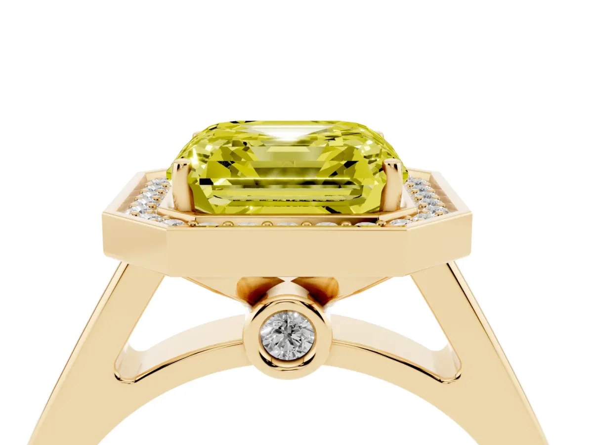 Fancy Yellow Asscher Cut Halo Solitaire Diamond Ring with Pave Band and Bezel Setting Yellow gold