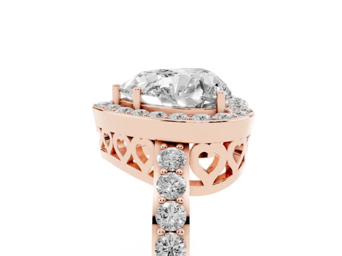 Heart Cut Halo Diamond Pavé Band Ring with Prong Setting Rose gold