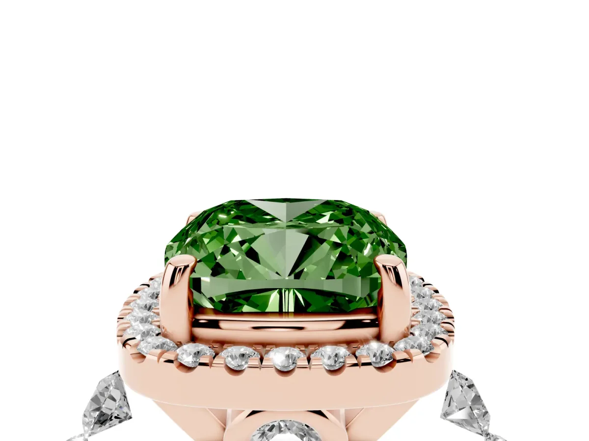 Fancy Green Cushion Cut Halo Pavé Diamond Engagement Ring with Four-Prong Setting Rose gold