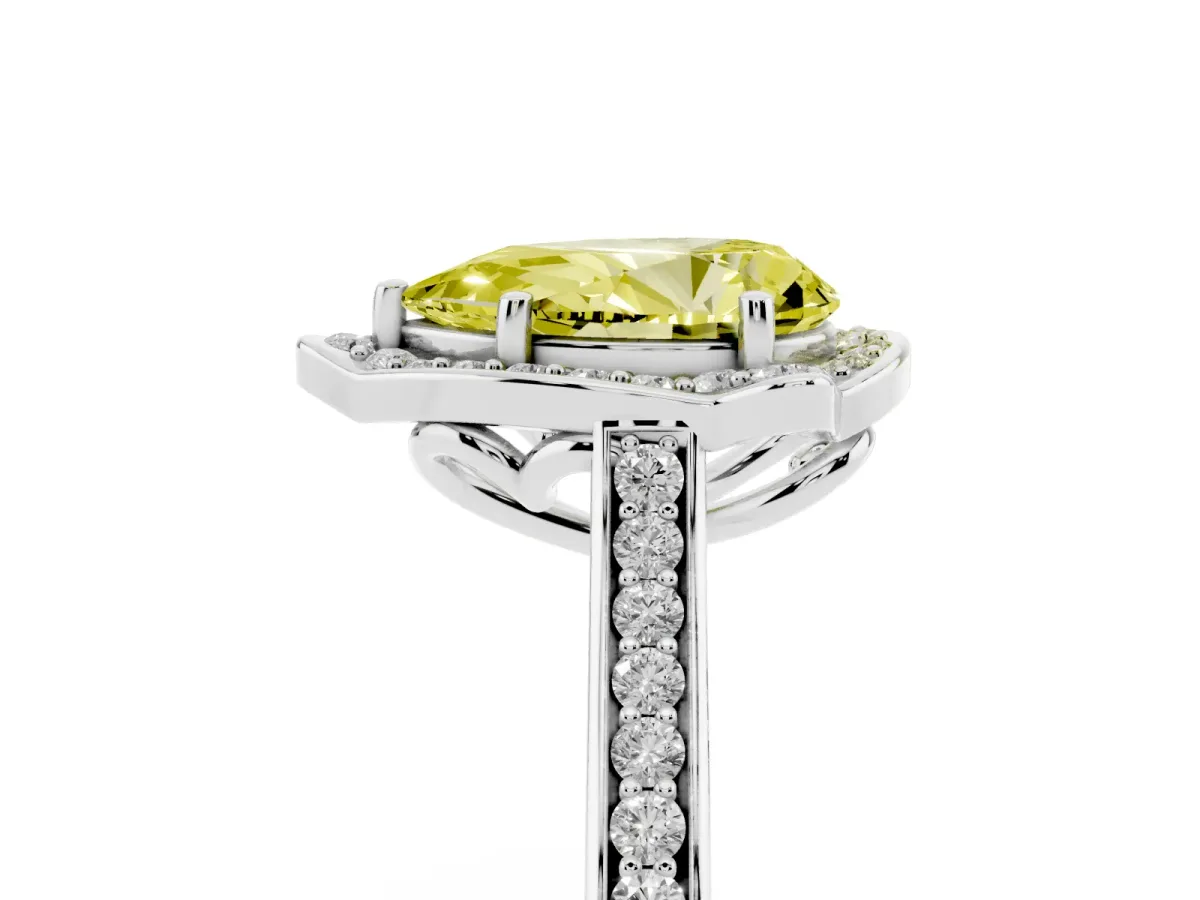 Fancy Yellow Pear Cut Halo Round Diamond Pave Band with Four-Prong Setting Silver