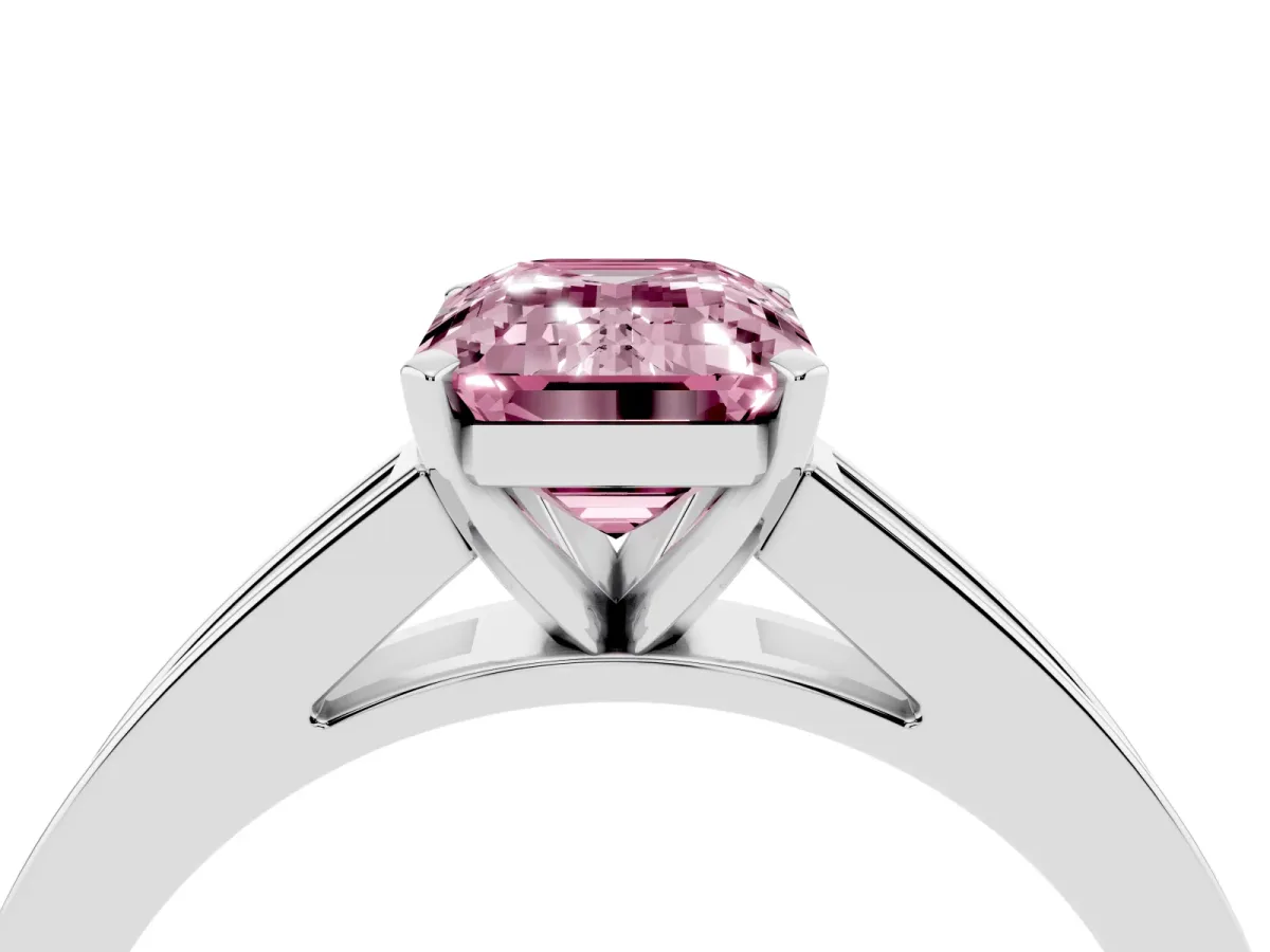 Fancy Pink Emerald Cut Solitaire Diamond Ring with Channel-Set Band and Four-Prong Setting Platinum