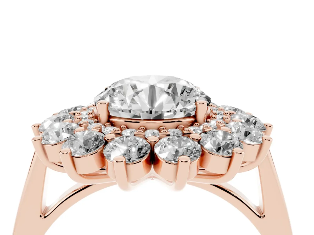 Round Cut Diamond Floral Double Halo Engagement Ring with Prong Setting Rose gold