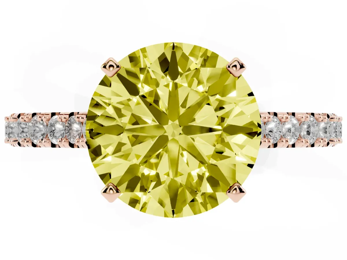 Fancy Yellow Round Cut Cut Solitaire Diamond Engagement Ring with Pave Band and Four-Prong Setting Rose gold