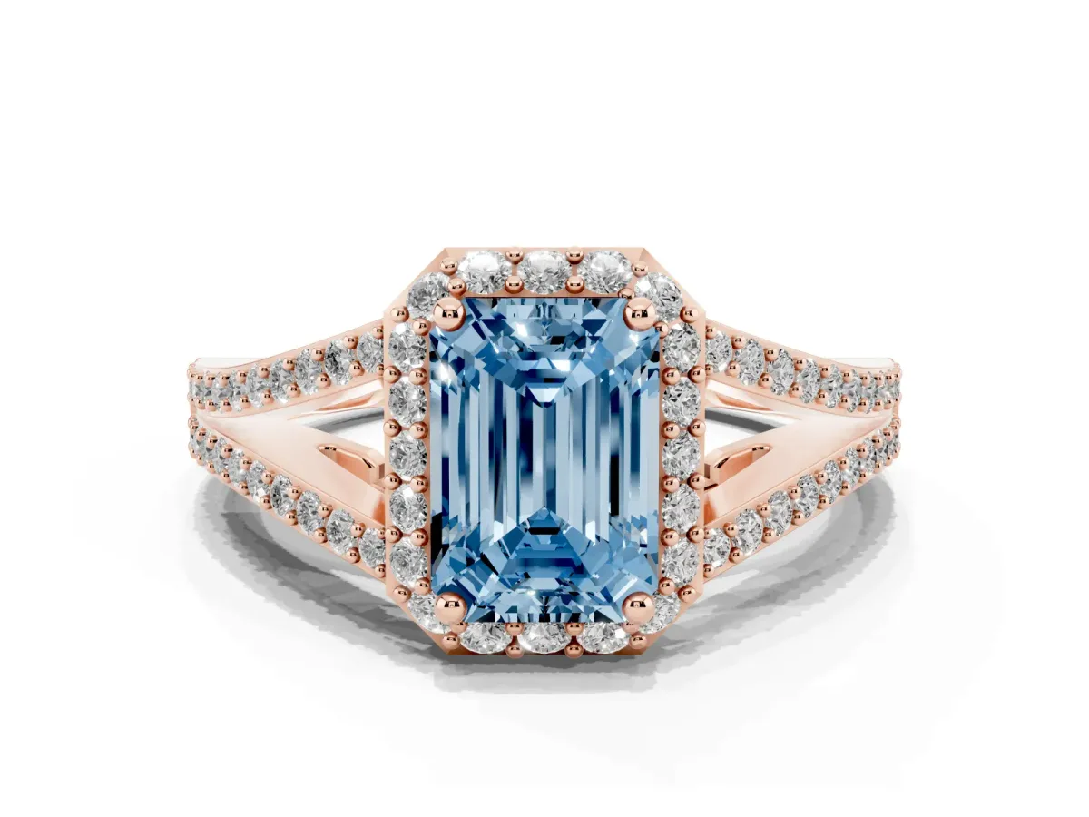 Fancy Blue Emerald Cut Halo Split Shank Diamond Ring with Prong Setting Rose gold