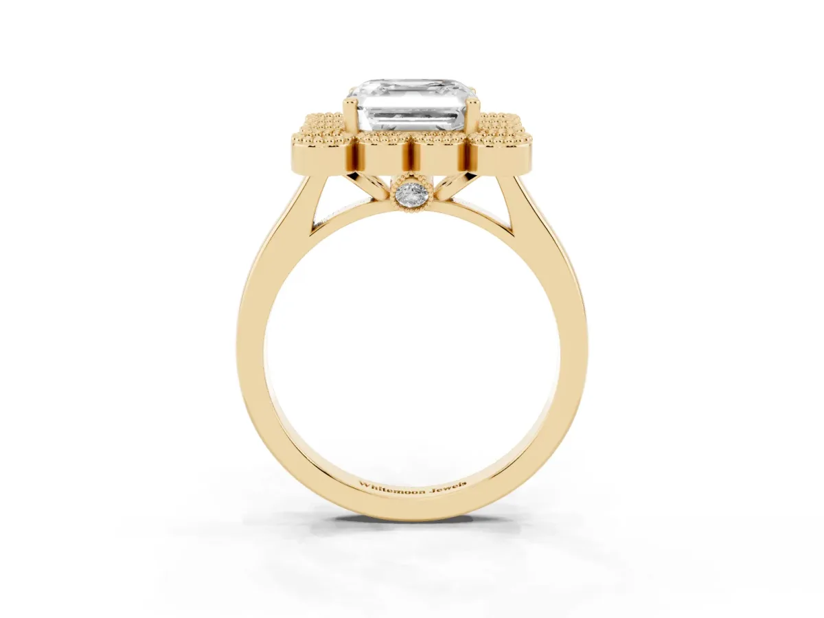 Asscher Cut Halo Diamond Cluster Engagement Ring with Milgrain Bezel Setting and Solitaire Band Yellow gold