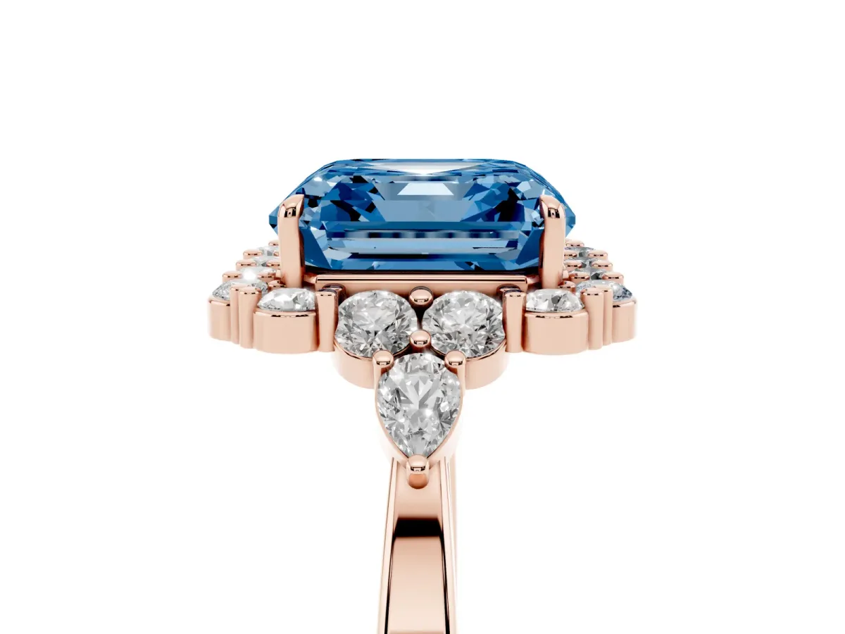 Fancy Blue Asscher Cut Diamond Halo Ring with Pear Side Stones and Prong Setting Rose gold