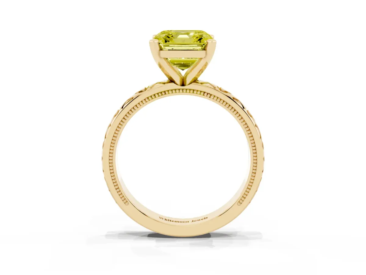 Fancy Yellow Asscher Cut Solitaire Diamond Engagement Ring with XO Engraved Band and Four-Prong Setting Yellow gold
