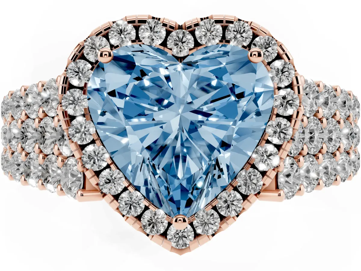 Fancy Blue Heart Cut Diamond Halo Engagement Ring with Triple Row Round Pavé Band and Prong Setting Rose gold