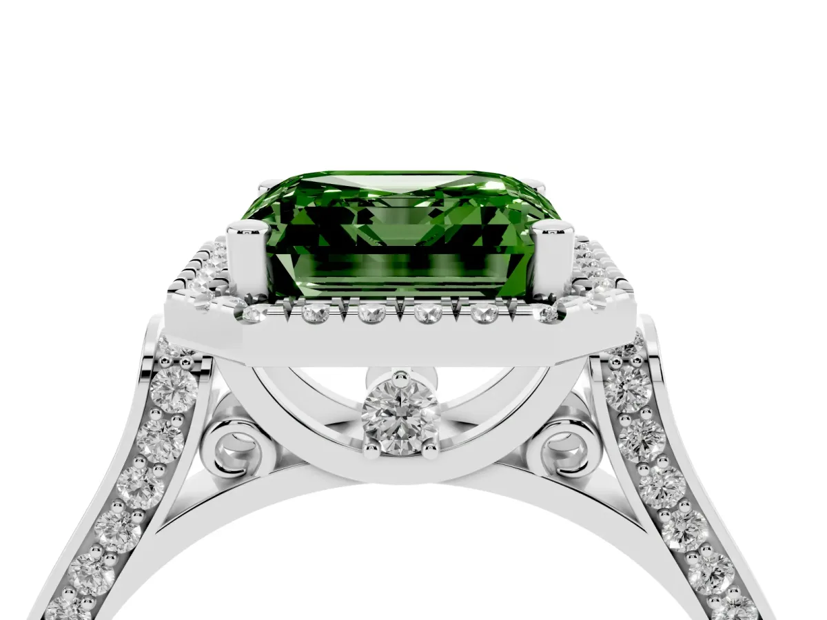 Fancy Green Asscher Cut Halo Pave Split Shank Prong Setting Ring White gold