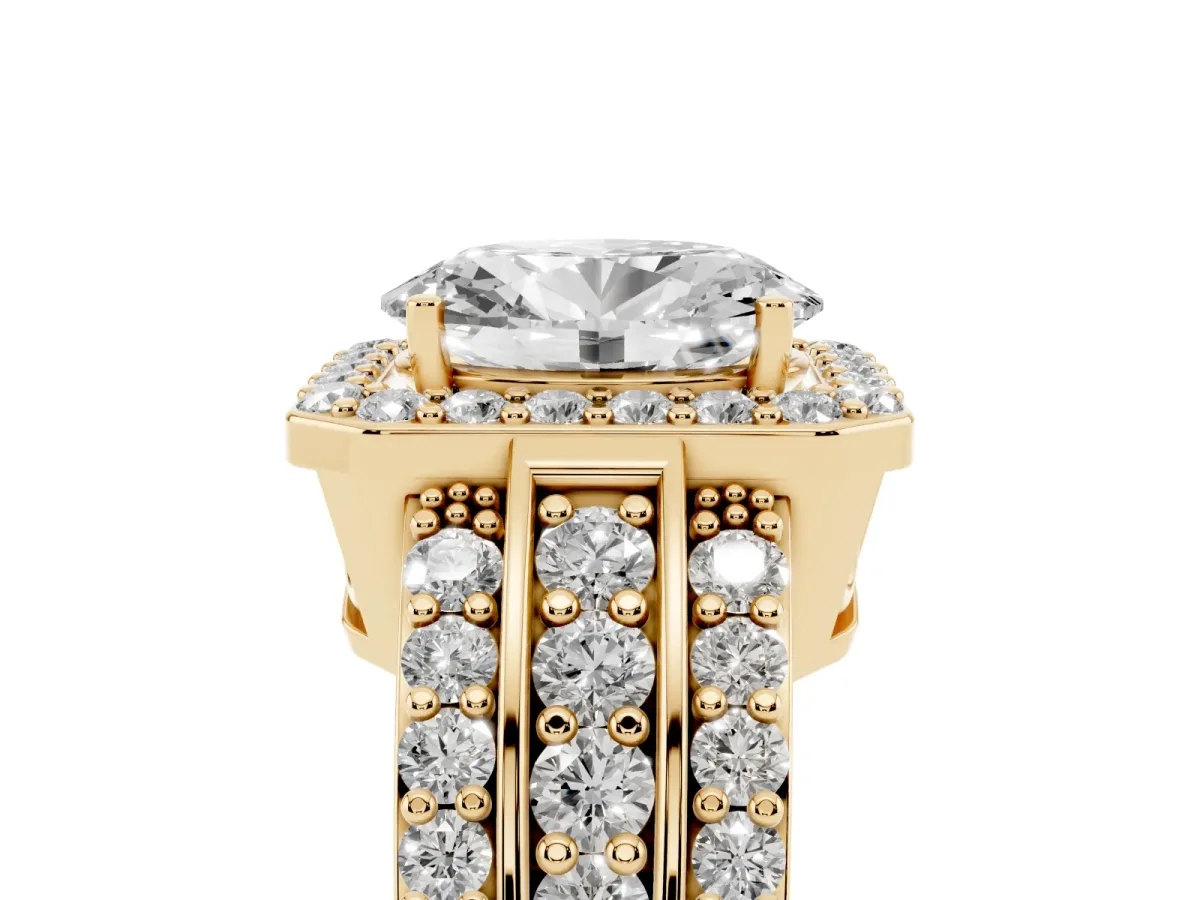 Oval Cut Halo Diamond Ring with Round Split Shank and Prong Setting Yellow gold