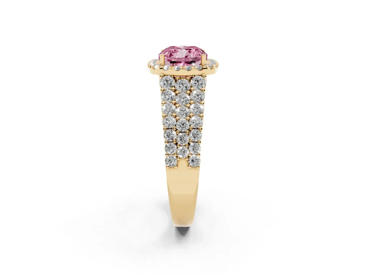 Fancy Pink Cushion Cut Diamond Halo Engagement Ring with Triple Row Round Pavé Band and Prong Setting Yellow gold