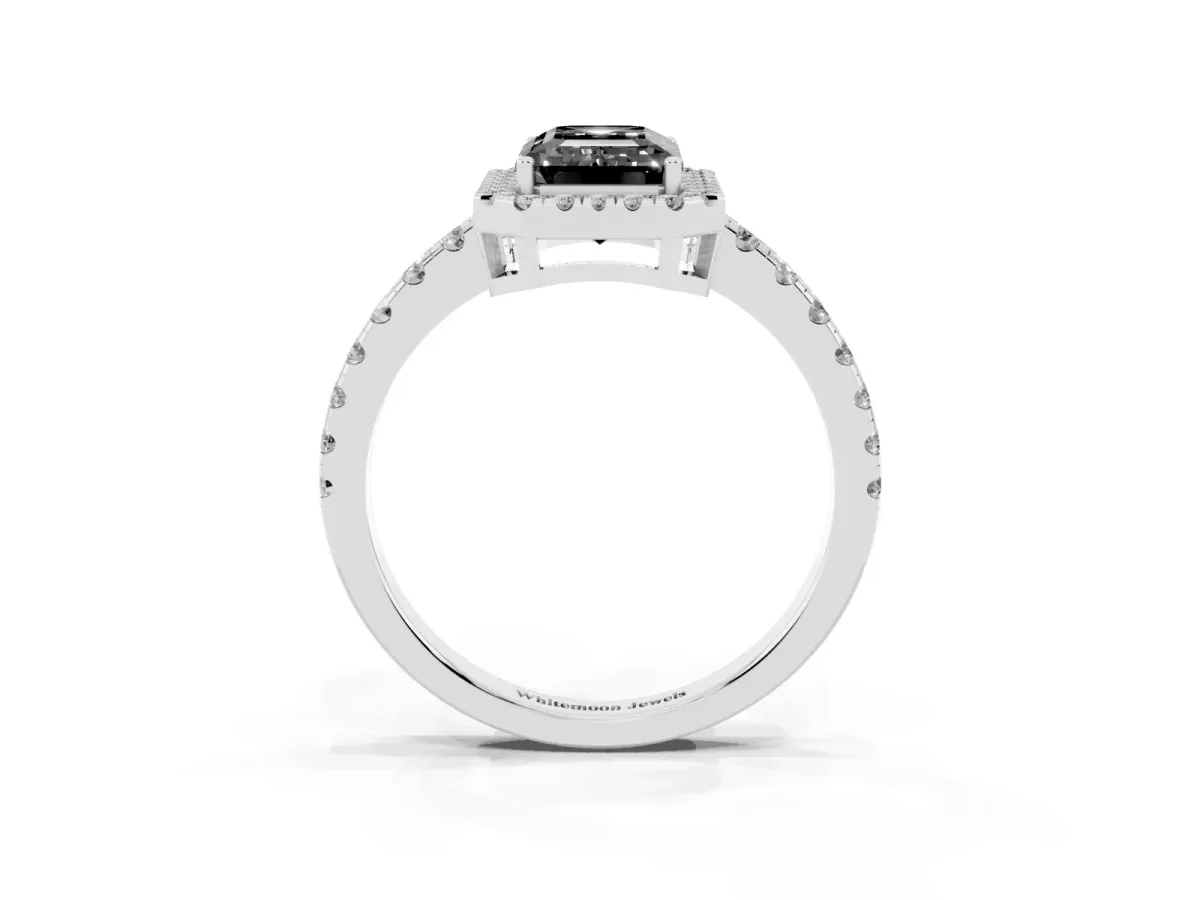 Fancy Black Emerald Cut Diamond Halo Ring with Pavé Band and Four-Prong Setting Platinum