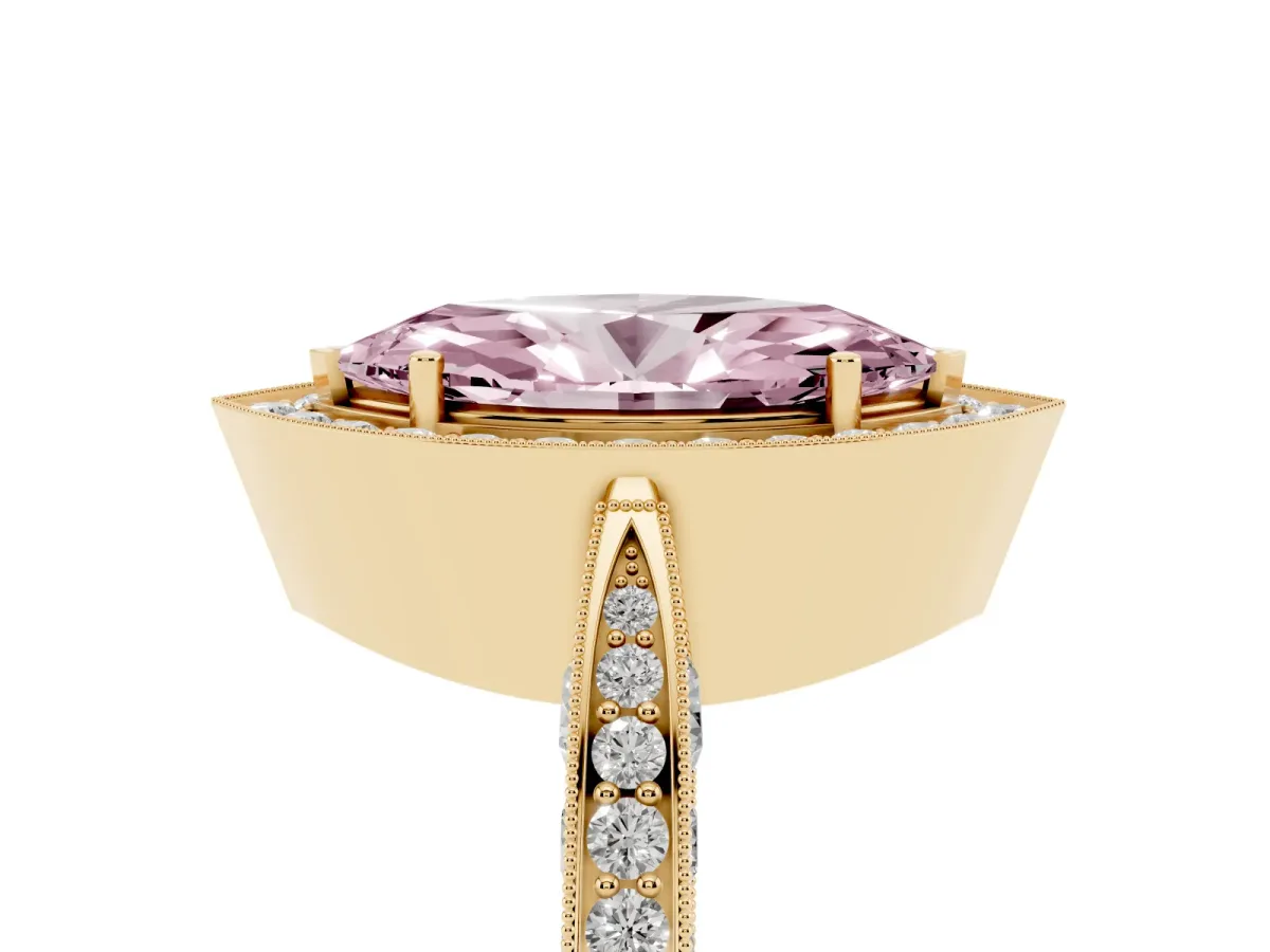 Fancy Pink Marquise Cut Halo Diamond Engagement Ring with Split Shank Band and Four-Prong Setting Yellow gold